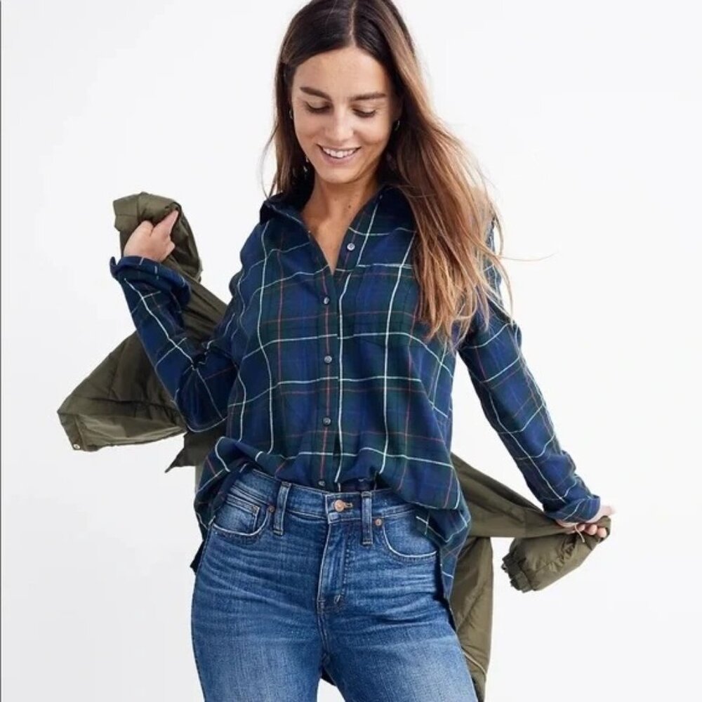 Madewell Womens Green & Navy Plaid Button-Up Flannel Ex-Boyfriend Shirt Size S